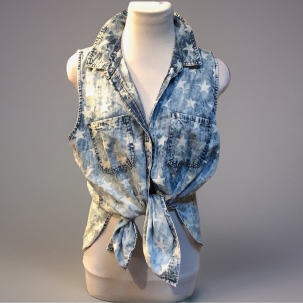 Blue White WESTERN ROCKER CHIC FADED STAR GRAPHIC SHIRT